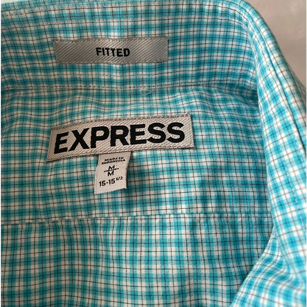 Express Turquoise & White Plaid Men’s Long-Sleeved Shirt, Sz M - Picture 4 of 6
